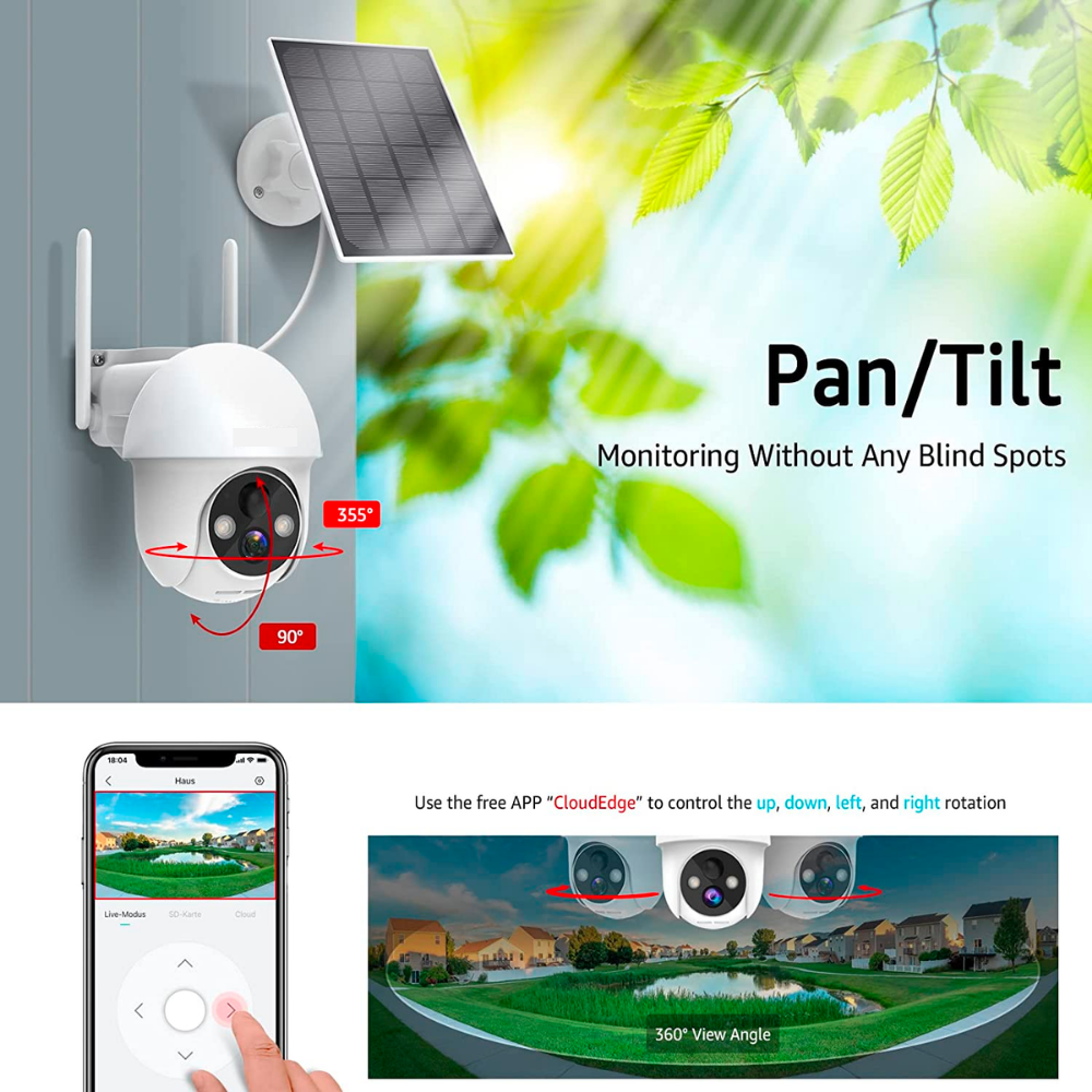 Outdoor 360° View & Spotlight Wireless Solar Battery Security Camera.