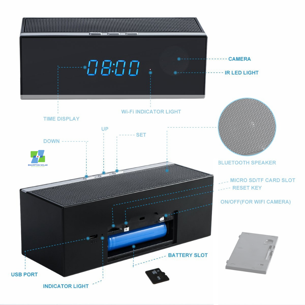 Hidden Camera Clock with Bluetooth Speaker and Night Vision.
