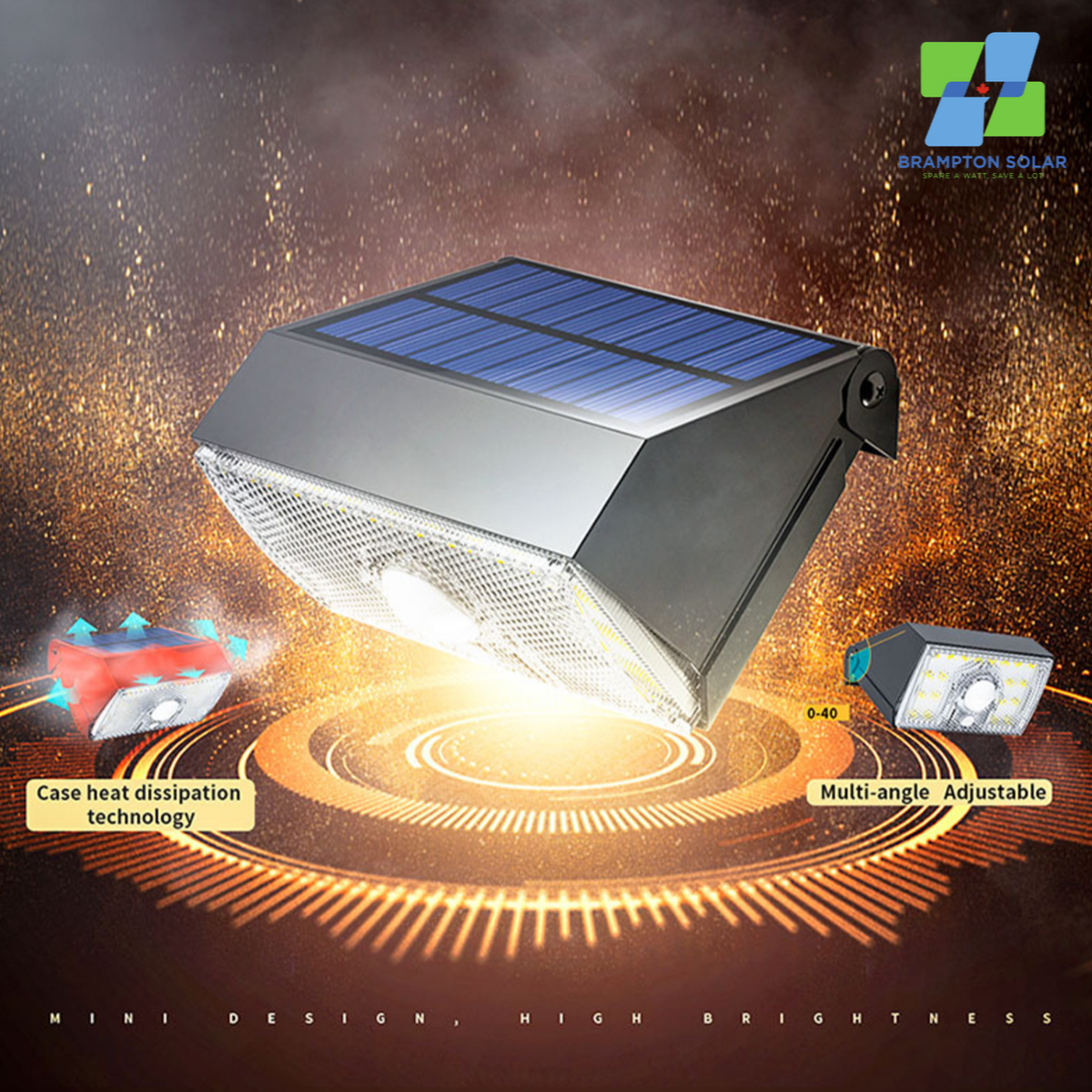 Brampton Solar 10W Solar Security Light. 1000LM. Mini Design High Brightness.