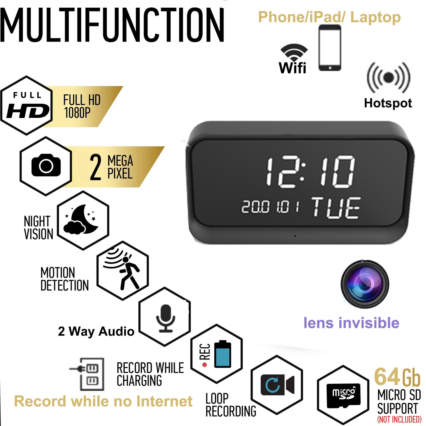 1080P HD Wireless Spy Camera Nanny Cam with Night Vision, Motion Detection