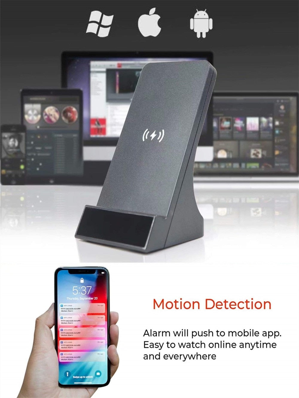 Wireless Charger Security Camera Full HD 1080P Invisible Camera Lens.