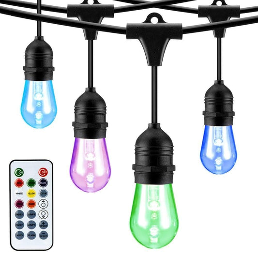 48ft LED String Lights Colour Changing Waterproof 15 Impact Resistant Bulbs with Remote Control.