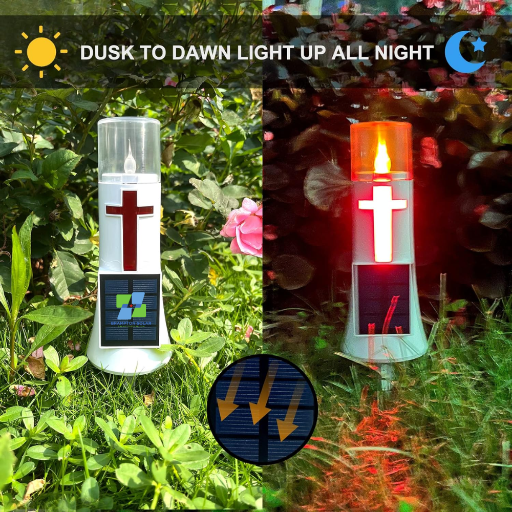 Solar Powered Flameless Candle LED Light Cross Grave Decoration Cemetery Light.