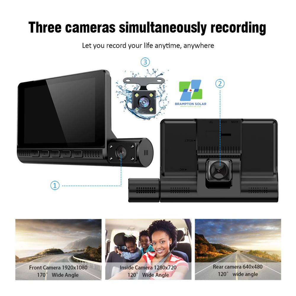 Car DVR 4-Inch Touch Screen Dash Cam 3 Cameras Lens + 32GB SD.