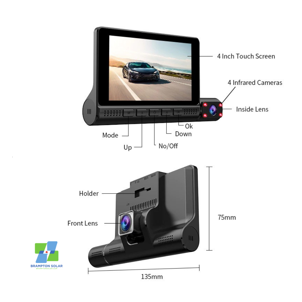 Car DVR 4-Inch Touch Screen Dash Cam 3 Cameras Lens + 32GB SD.