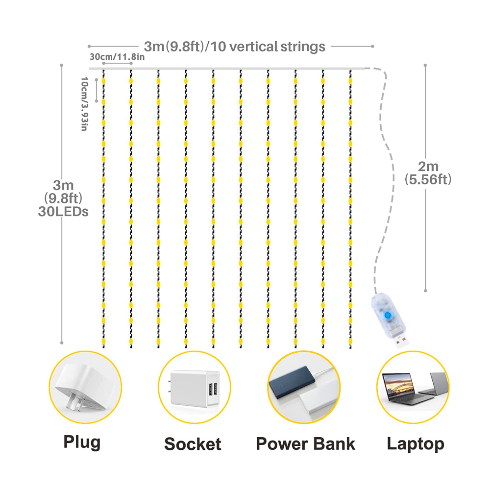 USB 10 String 3x3 Meter Fairy Garland Curtain LED Light.