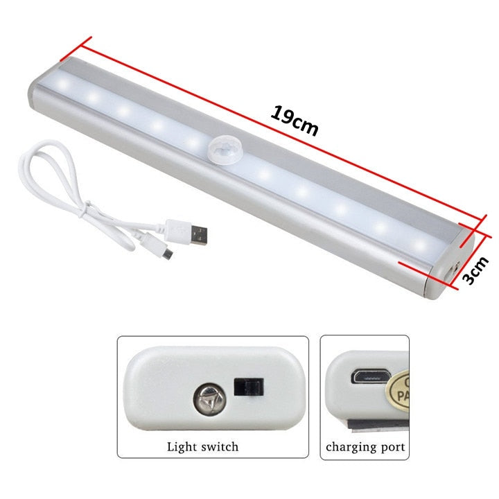 USB Rechargeable 10 LED Night Light PIR Motion Sensor Under Cabinet Wardrobe Closet Cupboard Light.