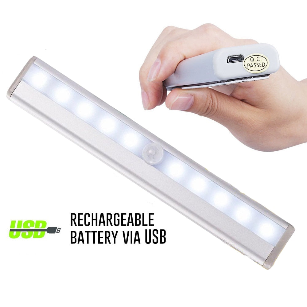 USB Rechargeable 10 LED Night Light PIR Motion Sensor Under Cabinet Wardrobe Closet Cupboard Light.