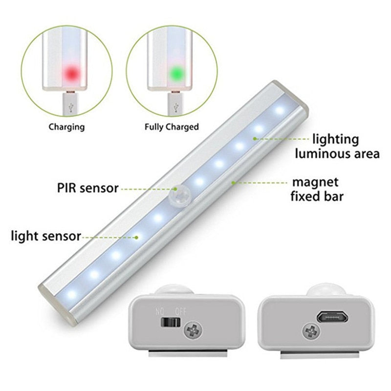 USB Rechargeable 10 LED Night Light PIR Motion Sensor Under Cabinet Wardrobe Closet Cupboard Light.