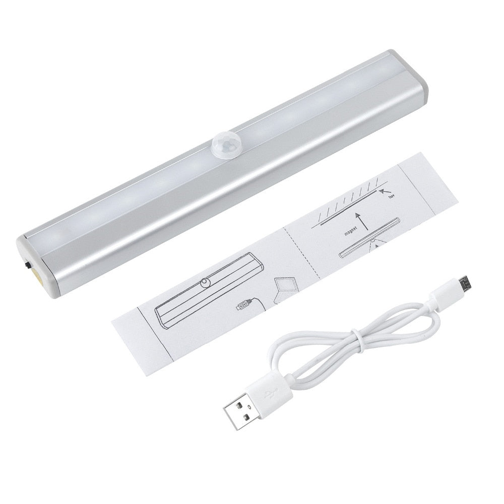 USB Rechargeable 10 LED Night Light PIR Motion Sensor Under Cabinet Wardrobe Closet Cupboard Light.